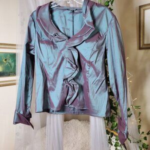 SAMUEL DONG Peacock  Blue Ruffle Collar Iridescent BLOUSE Size XL Peplum Zip